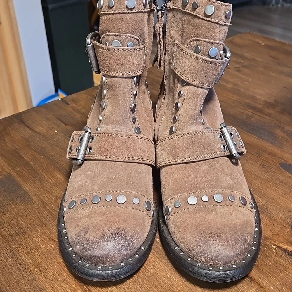 Sam Edelman Drea Studded Suede Tan Moto Boots Ladies 6.5 - Picture 3 of 10